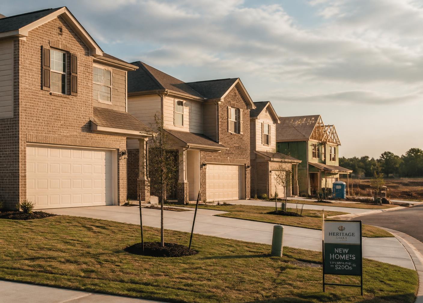 New homes along a quiet street in Sweetwater Springs, Sherman, Texas